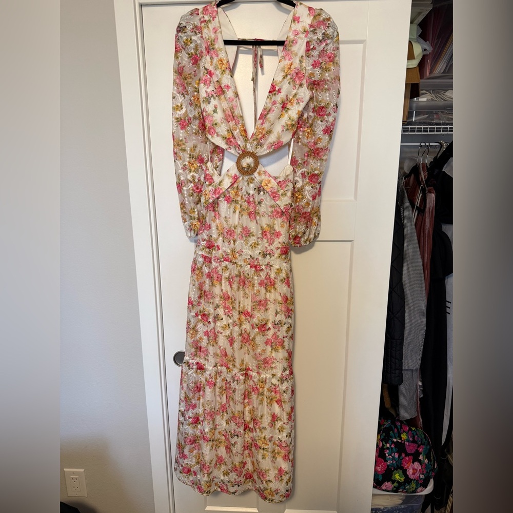 Gianni Bini Pink and Cream Floral Long Sleeve Dress
